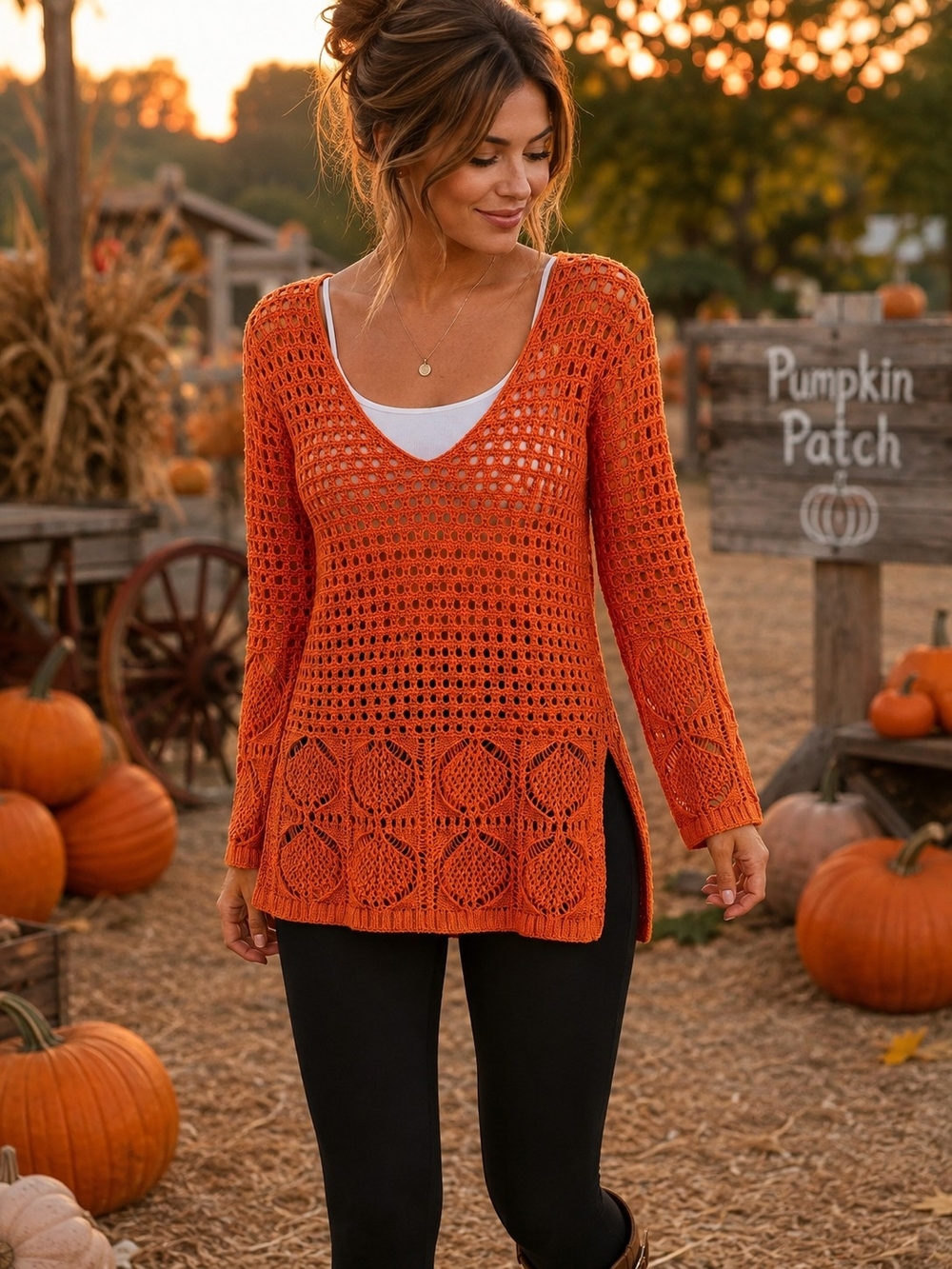 Jeanne Pierre Orange Crochet Open Knit Tunic Sweater Top Small Boho Fall